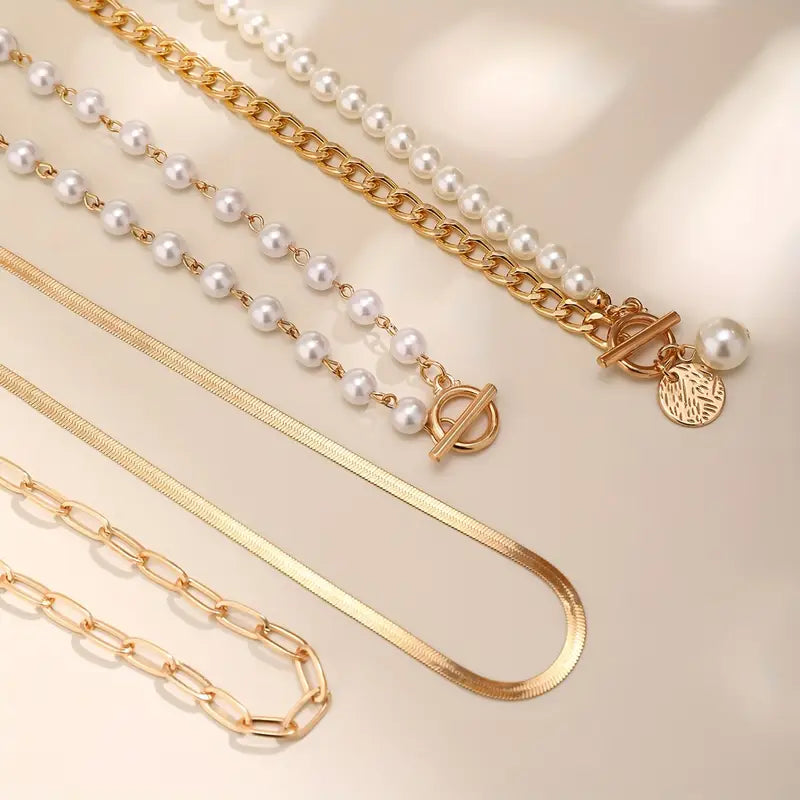 Vintage Pearl & Gold Snake Chain Necklace Set | Gold