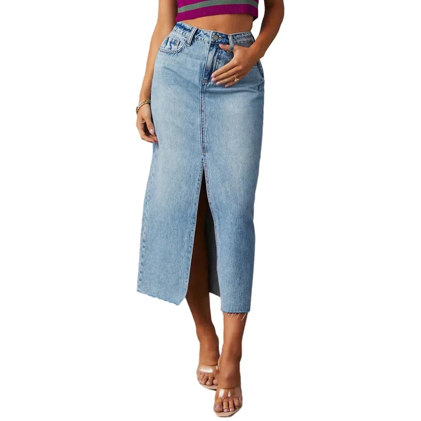 Inaya | Chic Side-Slit Midi Denim Skirt