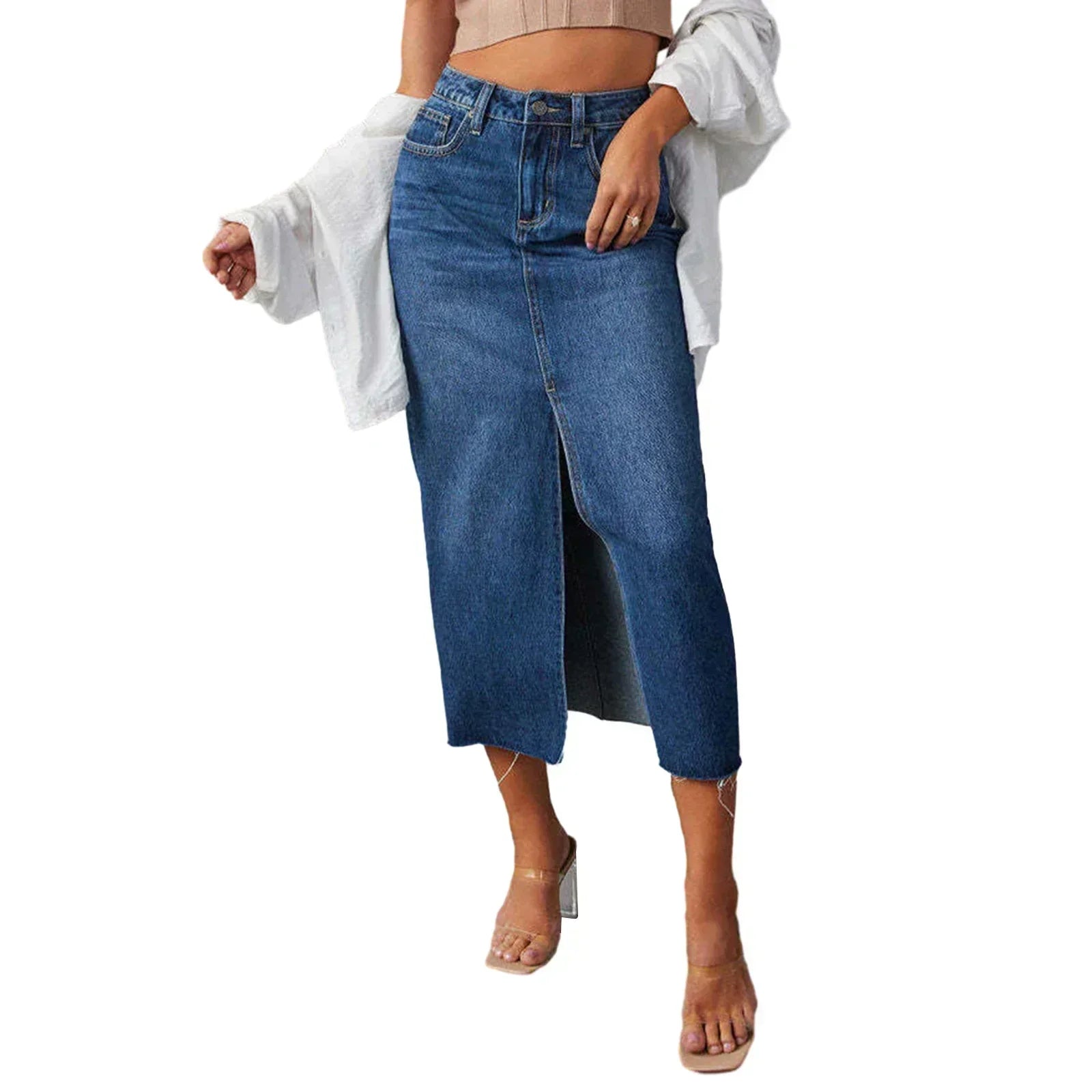 Inaya | Chic Side-Slit Midi Denim Skirt