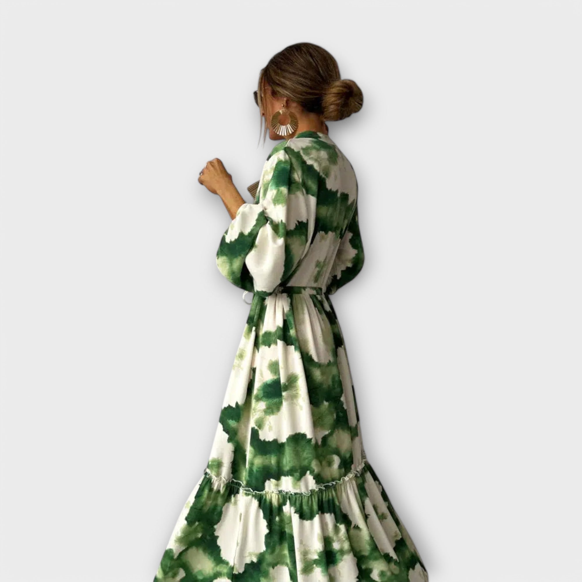 Melina - Green Maxi Dress with Long Sleeves and V-Neckline