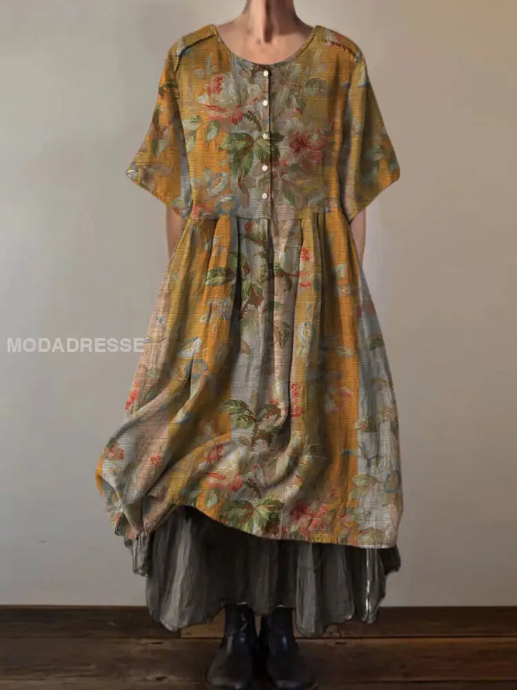 Retro Boho Floral Print Vintage Round Neck Button Short Sleeve Midi Dress