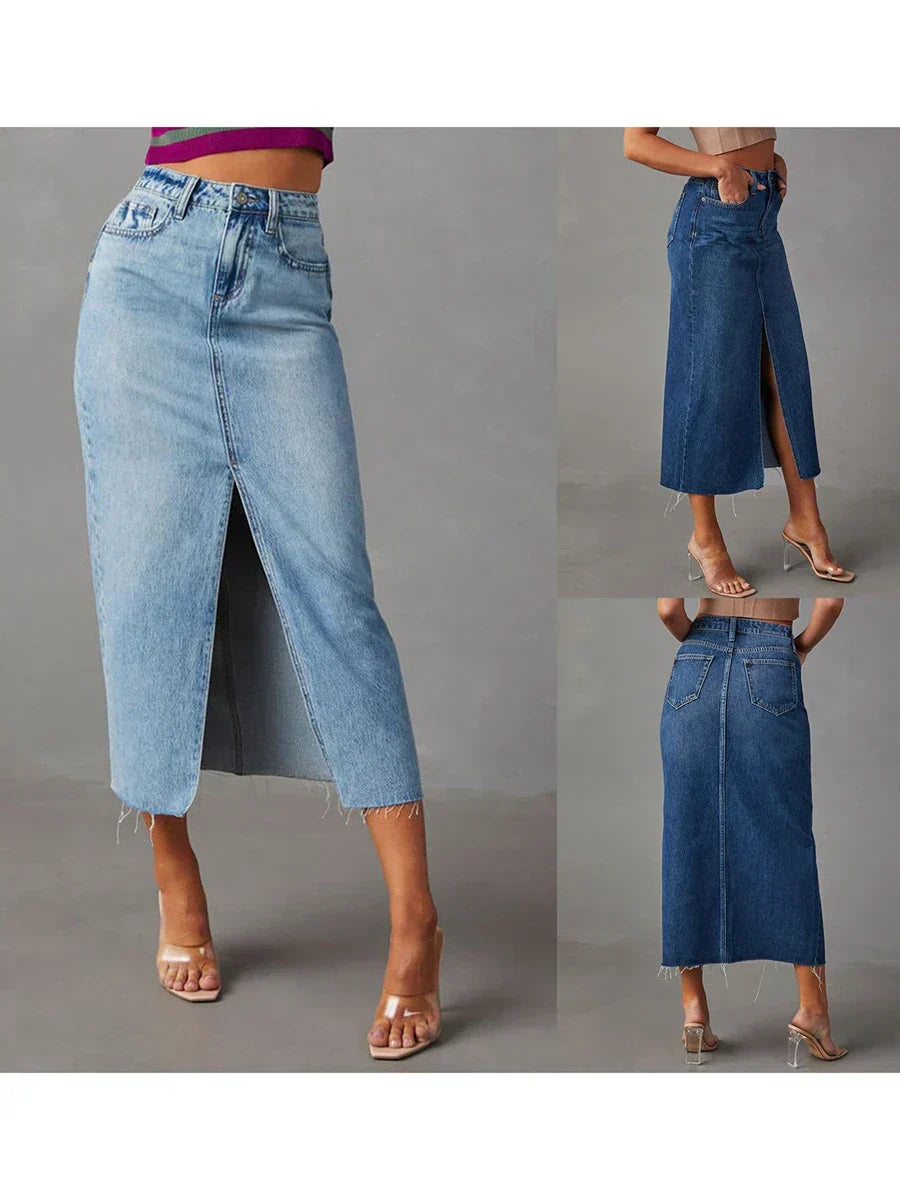 Inaya | Chic Side-Slit Midi Denim Skirt
