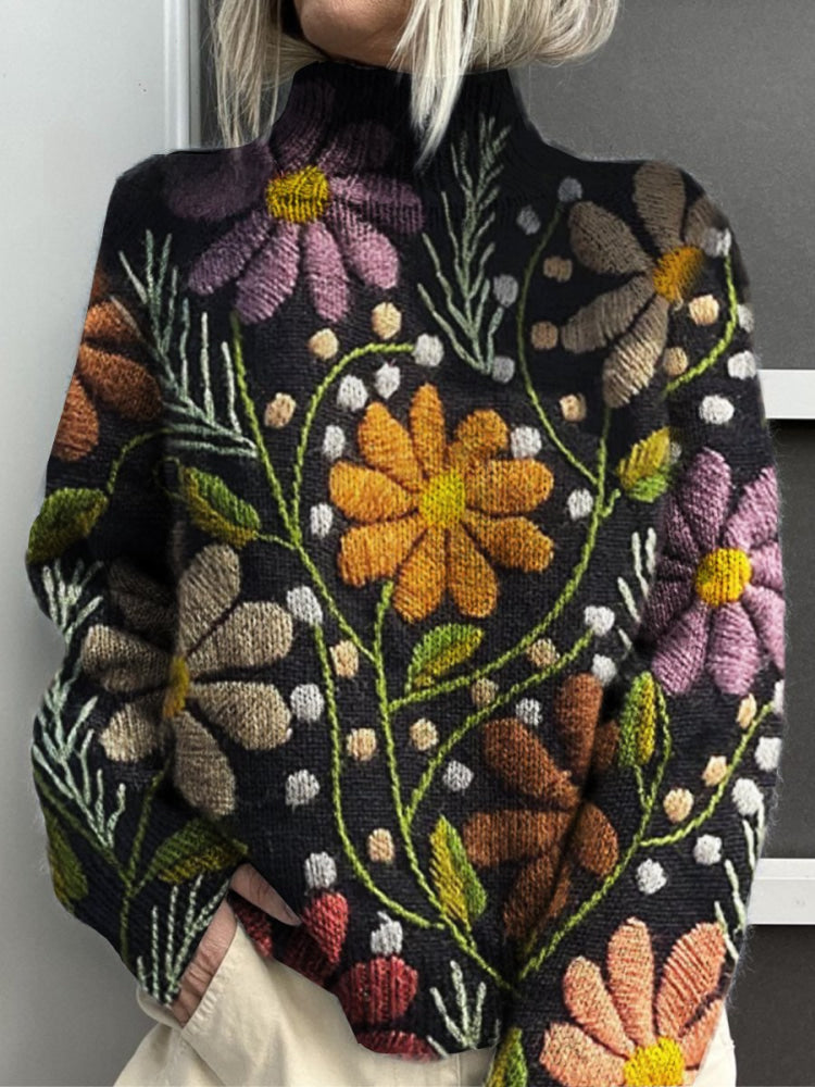 Bonnie | Floral Embroidered Turtleneck Sweater