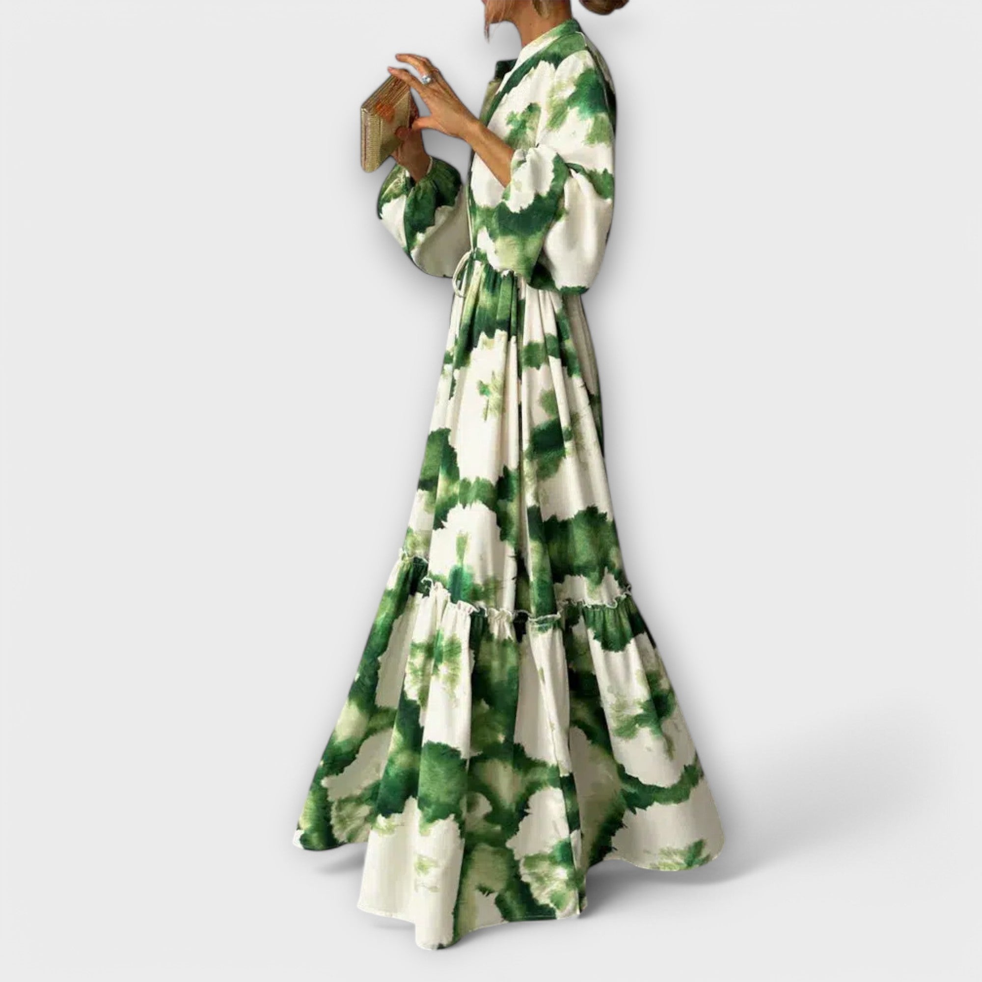 Melina - Green Maxi Dress with Long Sleeves and V-Neckline