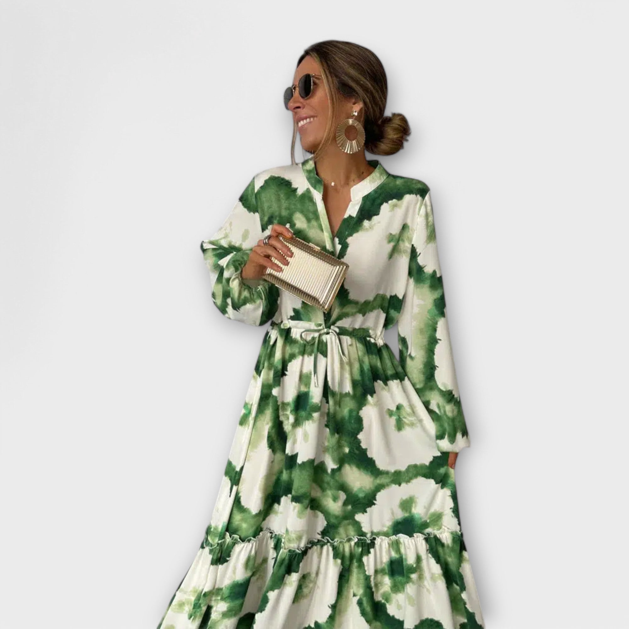 Melina - Green Maxi Dress with Long Sleeves and V-Neckline