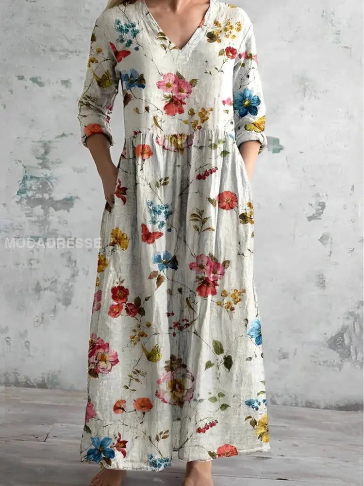 Women's V-neck Retro Rose Floral Pattern Maxi Dress
