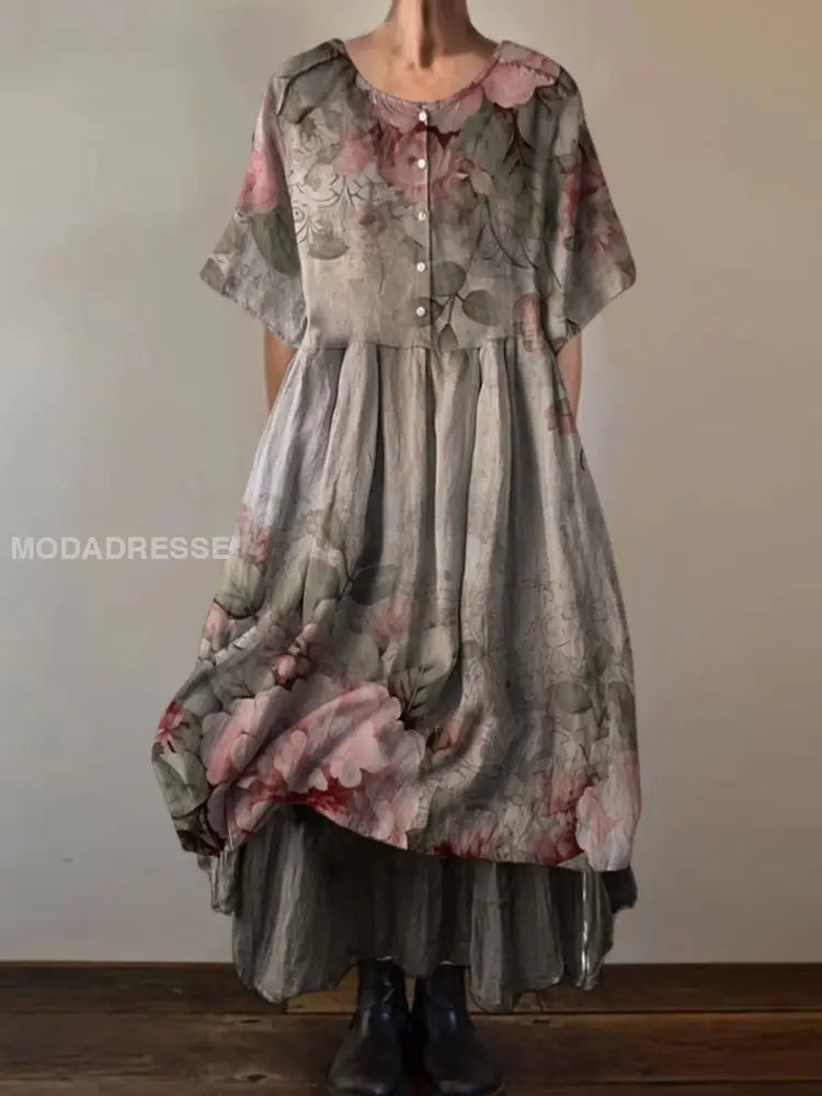 Retro Boho Floral Print Vintage Round Neck Short Sleeve Midi Dress