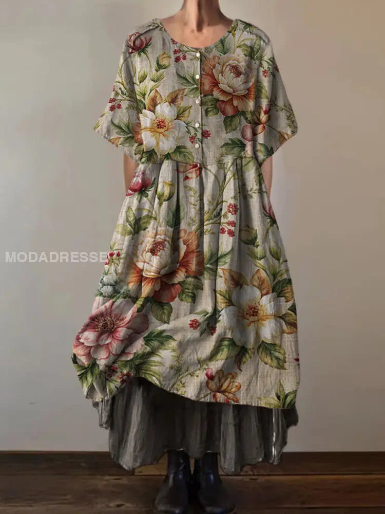 Retro Boho Floral Print Vintage Round Neck Short Sleeve Midi Dress