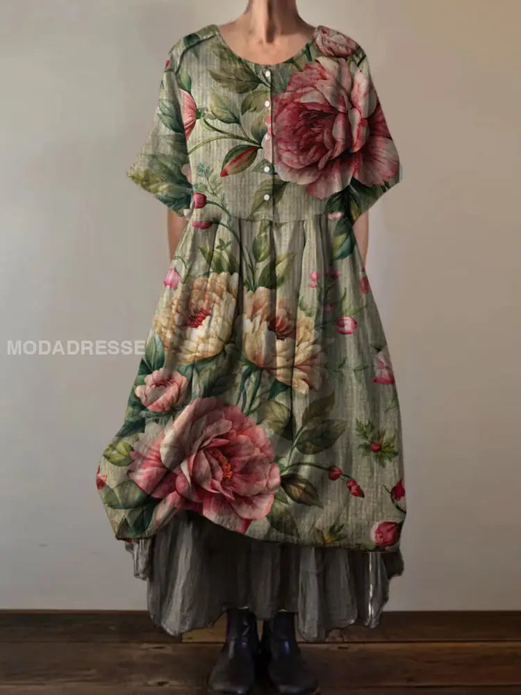 Retro Boho Floral Print Vintage Round Neck Short Sleeve Midi Dress