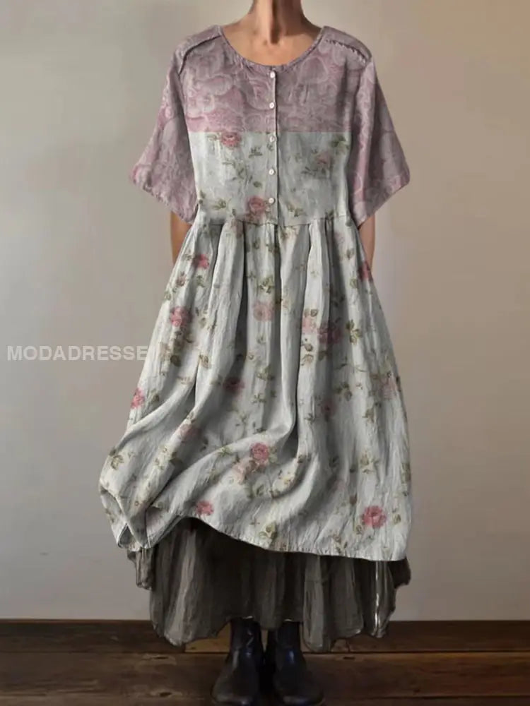 Retro Boho Floral Print Vintage Round Neck Short Sleeve Midi Dress