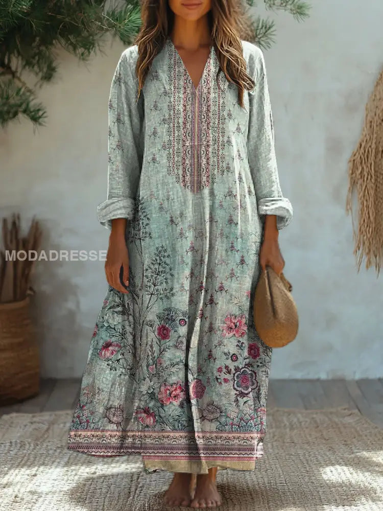 Vintage Floral Art Print V Neck Elegant Chic Loose Long Sleeve Midi Dress