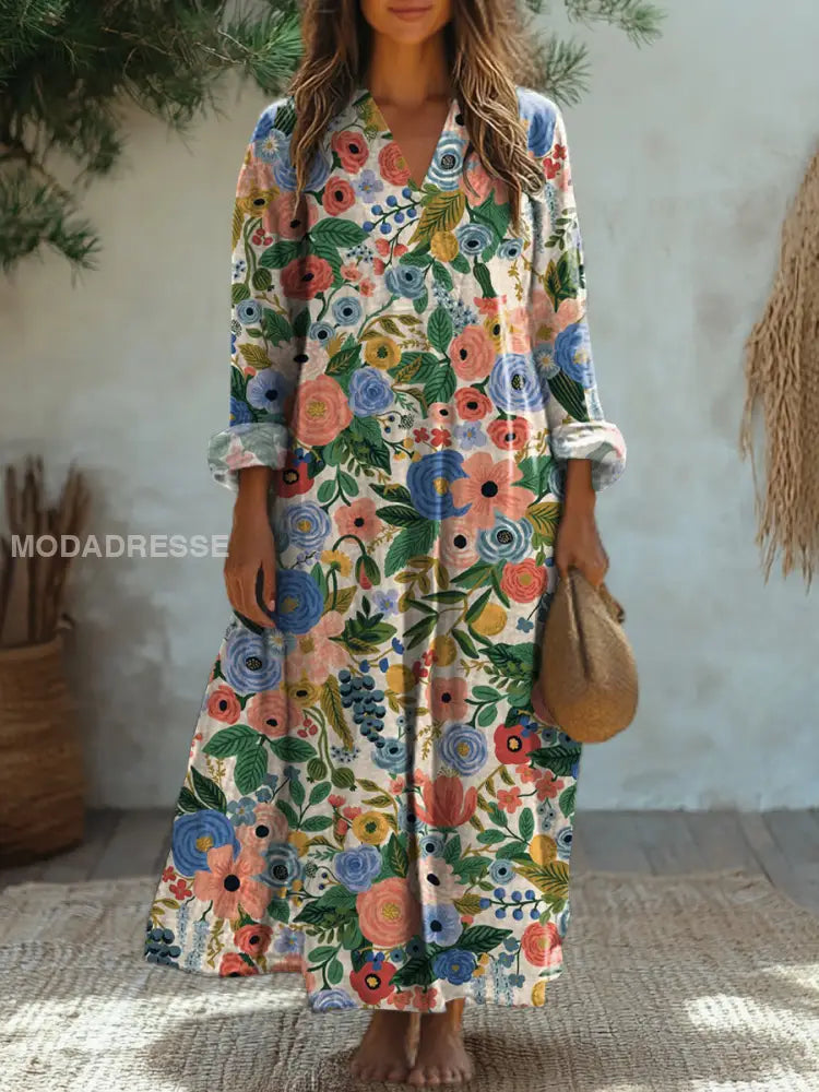Vintage floral print V-neck Elegant chic loose long sleeve Midi dress