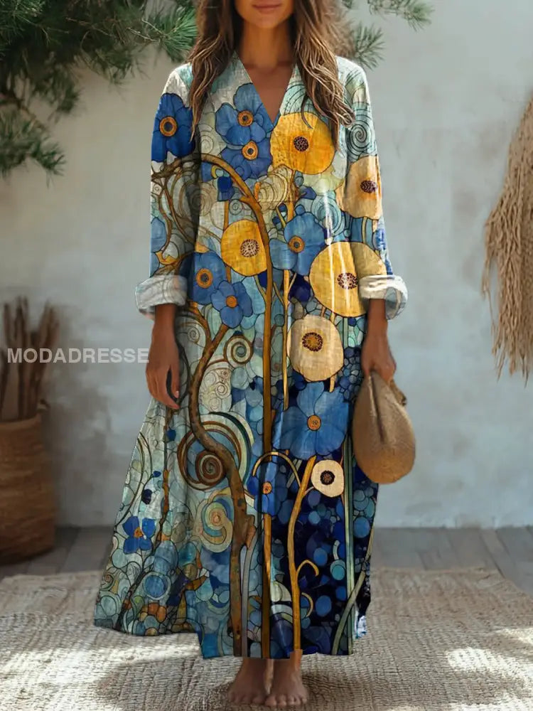 Vintage floral print V-neck Elegant chic loose long sleeve Midi dress