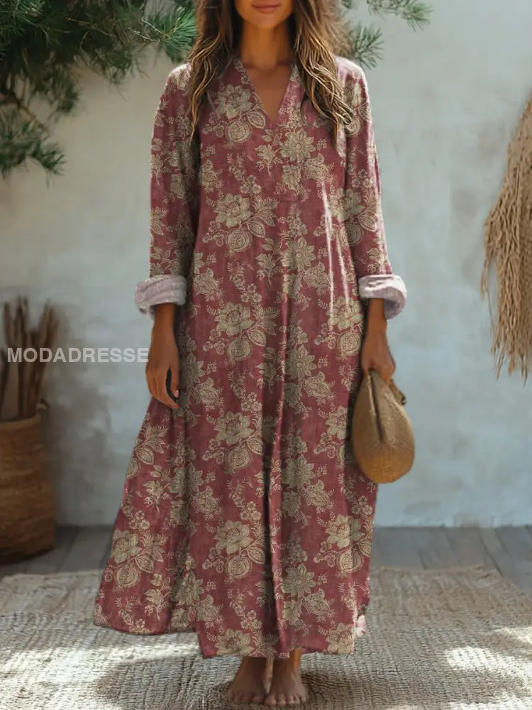 Vintage floral print V-neck Elegant chic loose long sleeve Midi dress