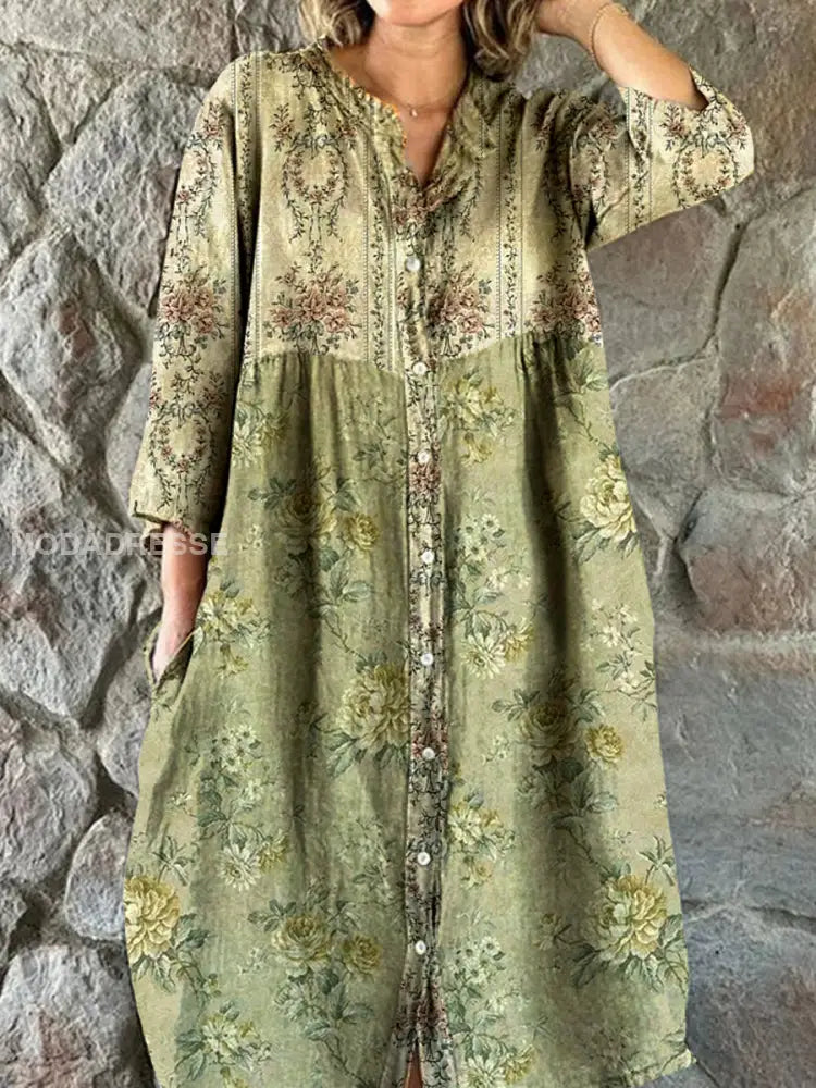 Vintage Bohemian Floral Art Print Chic V-Neck Three-Quarter Sleeve Button Elegant Midi Dress