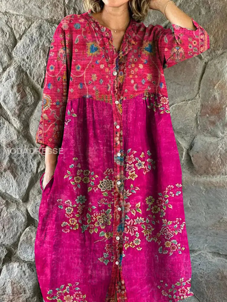 Vintage Bohemian Floral Print Chic V-Neck Three-Quarter Sleeve Button Elegant Midi Dress