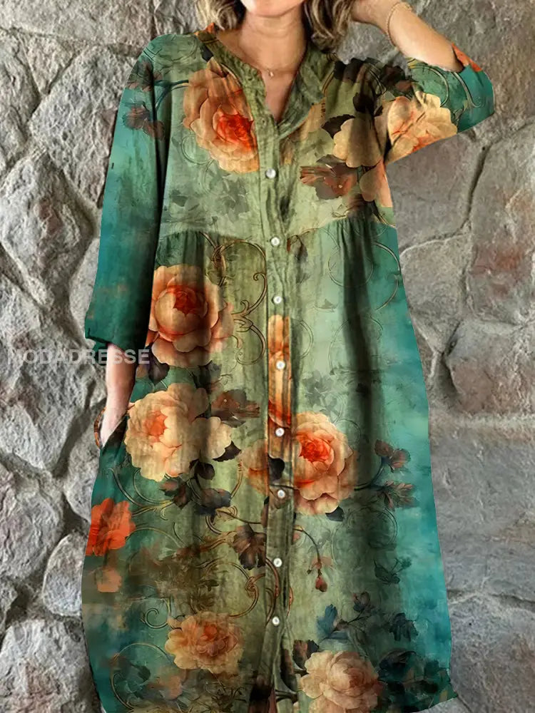 Vintage Bohemian Floral Print Chic V-Neck Three-Quarter Sleeve Button Elegant Midi Dress